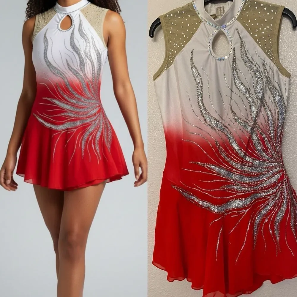 Custom solo dance ice skating ballet costume red ombre embellished dress MA